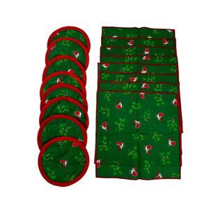 Vintage Christmas Napkins & Coasters Set Green Holly Robin Quilted 16 Pc